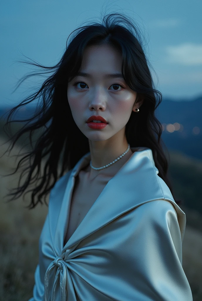 (RAW photo) , (detailed eyes:1.10) , (insane details), japanese , cute, 20 years old, long 
windswept hair , red lips , ((((billowing silver satin cape fastened at the neck:1.20)))+++, 
((naked:1.20))++ , windy hillside, night , photo, realistic, best quality, hires, detailed face, 
detailed background, Full body shot , depth of field,