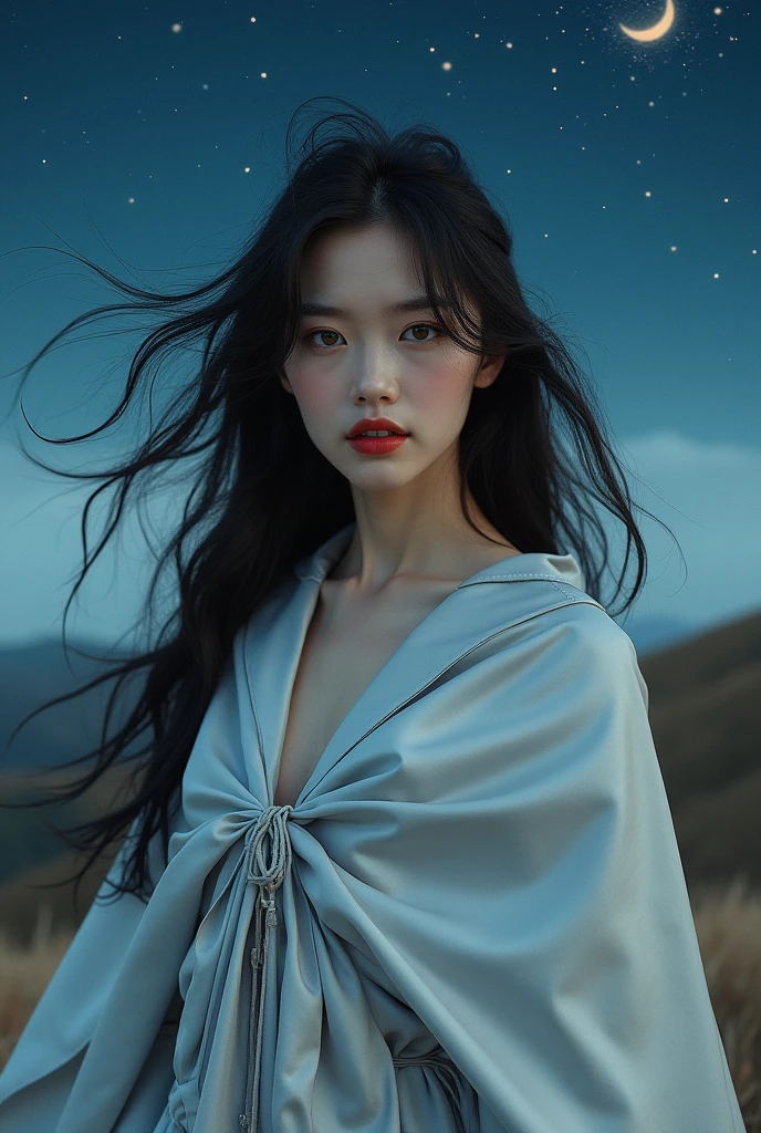 (RAW photo) , (detailed eyes:1.10) , (insane details), japanese , cute, 20 years old, long 
windswept hair , red lips , ((((billowing silver satin cape fastened at the neck:1.20)))+++, 
((naked:1.20))++ , windy hillside, night , photo, realistic, best quality, hires, detailed face, 
detailed background, Full body shot , depth of field,