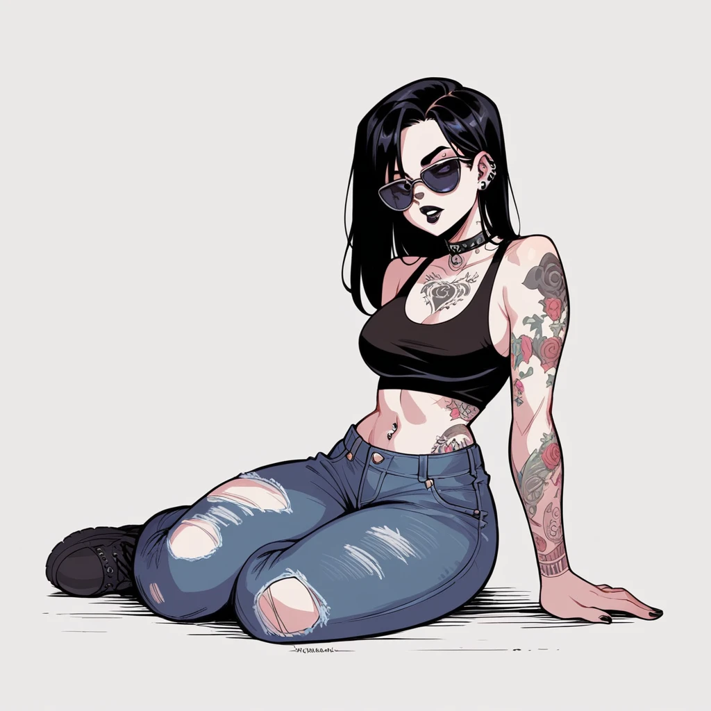 fullbody, Female goth with pale skin, long straight black hair, dressed in black ripped jeans with a black cropped tanktop, sunglasses, black lipstick, tattooed, tattooed face, tattooed body. Sitting on the floor