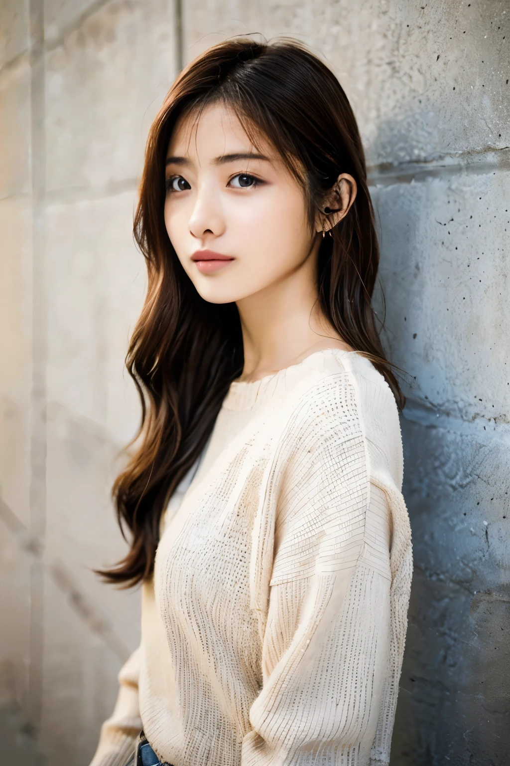 higheSt quality, 1 beautiful woman, 28 yearS old, S, 35mm lenS,, cowboy shot, Specific background、Mortar Style background、to rise、light brown、Mortar wall,long hair,Straight hair,