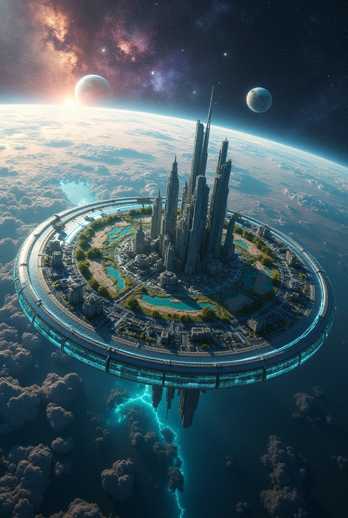 The earth has rings, like Saturn. These rings are space stations with their own oceans and cities.. Detailed space, Detailed relief of planets and stations