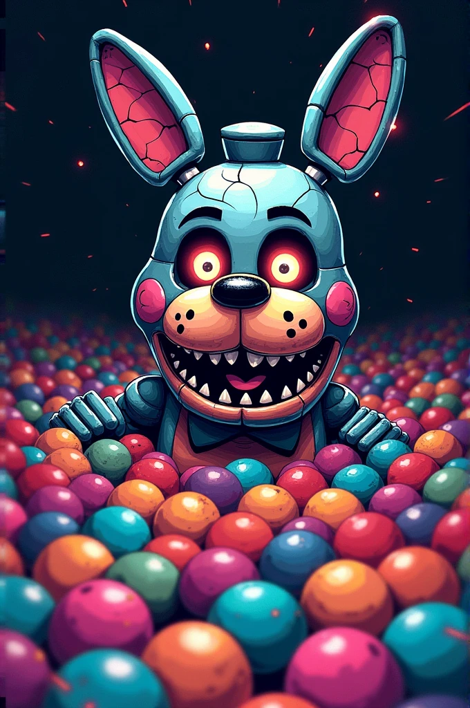 Make a poster of an FNAF animatronic with only the head coming out of a ball pit
with glitch (bug)
with horror theme
as if it were a hand-drawn cartoon 