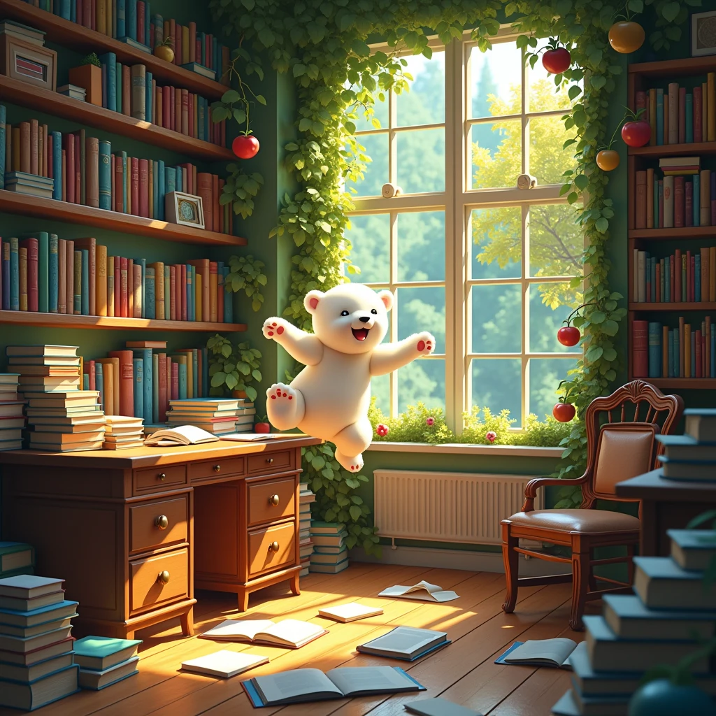Fantastic room。A cute polar bear baby jumping out of a bookshelf full of books and a desk with books spread out on it。There are bushes in the windows.々A tree that bears fruit。
Sunlight shining through the window