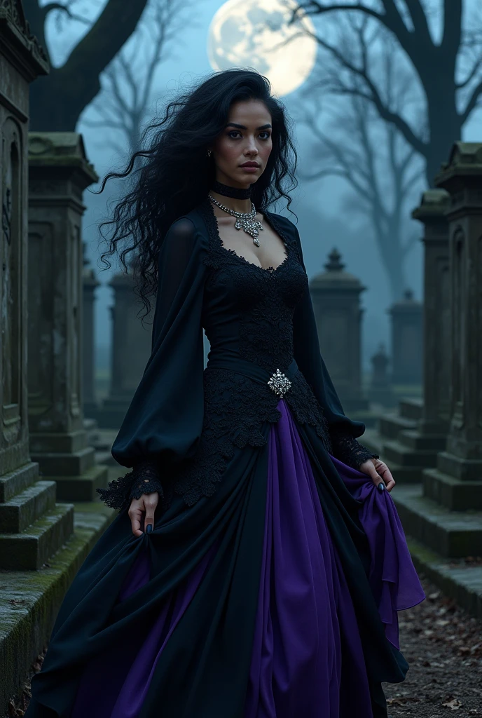 generate full body images of a pombagira. She's in a cemetery. she's wearing a black blouse, purple and black skirt. she has full, wavy black hair