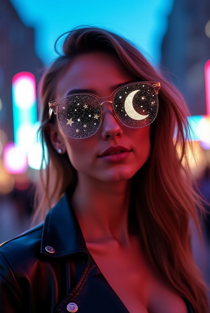 The model is wearing glass sunglasses with stars and the moon on the glass
