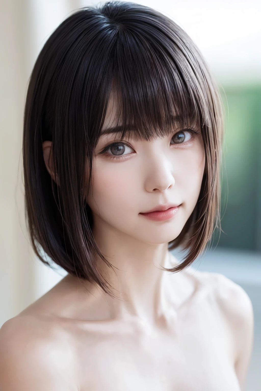 ((masterpiece, Highest quality, High resolution、Realisticですべてが美しく詳細に描かれている)), 1 person, (Realistic: 1.4), alone, White Background, snow-White Background, Mouth closed, smile, smile, Beautiful black hair, short hair, Big eyes, Transparent double eyelids, eyelash, Listen carefully, Long neck, 美しくLong neck, Absolute area, ((Face close-up)), (Draw the whole head, shoulder), 19 years old, Attractive proportions, Glowing Skin, Beautiful clavicle, Golden ratio face, Perfect Face, Teardrop-shaped mole, chestのほくろ, bangs, clean bangs, beautiful bangs, Lip gloss, Thin lips, Fair skin, naked, Big Breasts, {Huge|big|Hugeな|Mega} chest:2, chestの谷間:2,chestの谷間を見せる、Small face, Small face, All the heads are painted, shoulder all drawn, Point slightly above the camera