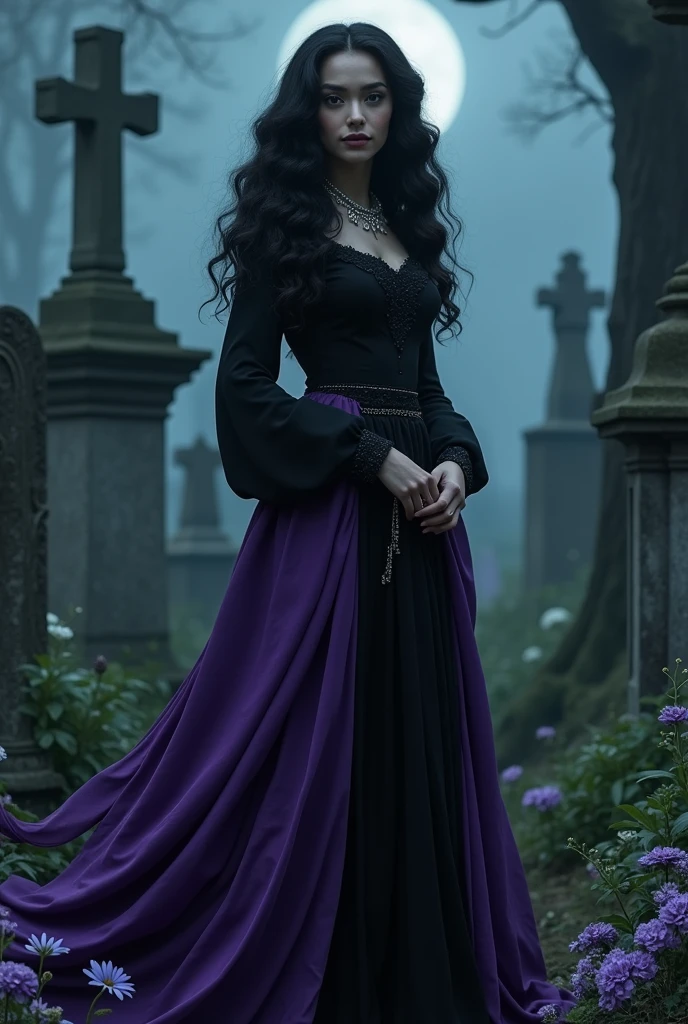 generate full body images of a pombagira. She's in a cemetery. she's wearing a black blouse, purple and black skirt. she has full, wavy black hair 