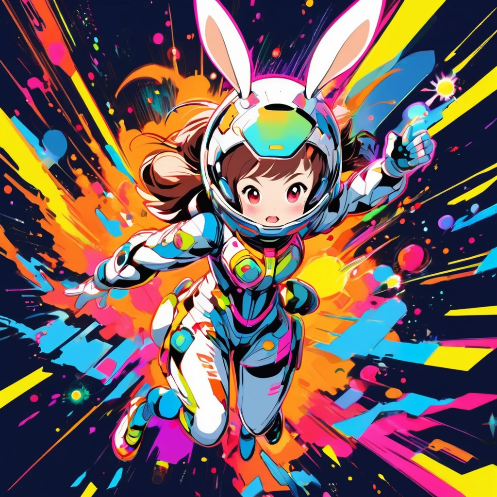 1girl, wink, short hair, dressed with futuristic short suit, robotic rabbit ears , jumping pose ,space in background, detail richness, masterpiece, best quality, explosion of flashy colors