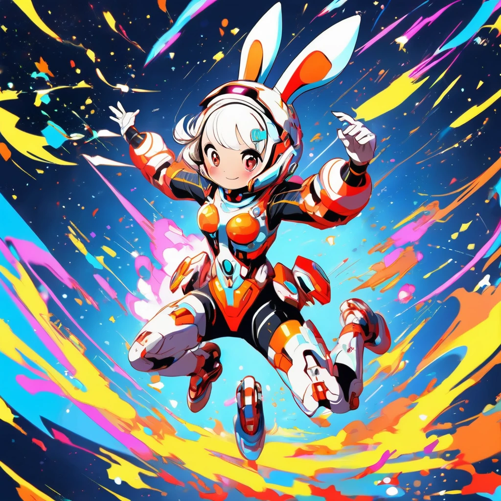 1girl, wink, short hair, dressed with futuristic short suit, robotic rabbit ears , jumping pose ,space in background, detail richness, masterpiece, best quality, explosion of flashy colors