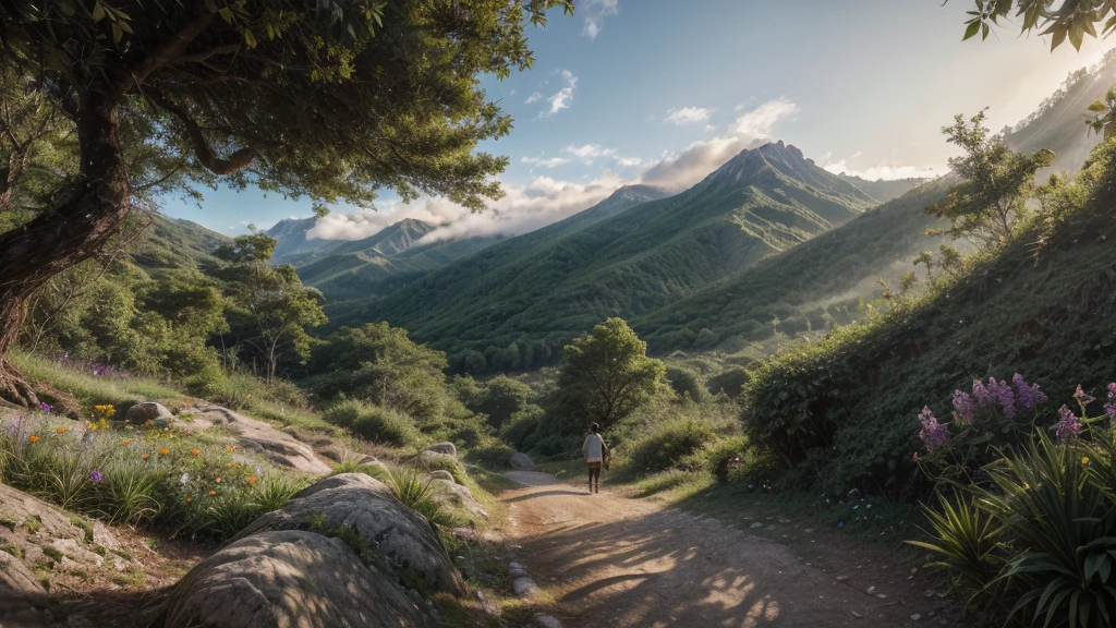 Create a highly photorealistic and cinematic image from a low-angle perspective, depicting a hiker ascending a lush, green mountain trail. The scene should capture a wide-angle view of a vibrant, verdant landscape with a mix of dense trees, wild nature, and a few colorful flowers. The trail should be a dirt path winding upwards through a mountainous jungle, with branches and foliage in the foreground adding depth to the scene. Include a subtle layer of fog to create a mystical and serene atmosphere. The background should feature towering trees and distant, detailed mountain peaks. Ensure the lighting evokes the peacefulness of a beautiful day in nature, with filmic qualities and a touch of film grain to enhance the realism and cinematic feel