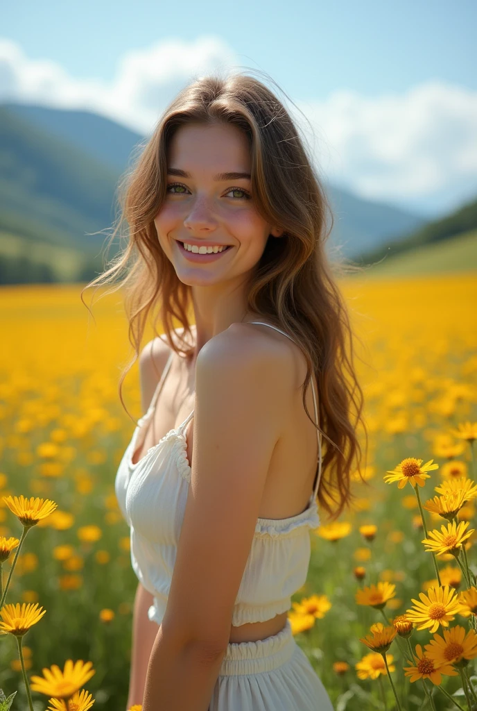 Nipples No clothes barefoot whole body No underwear Beautiful girl without pubic hair, Brown eyes, Because it's good, Medium chest, hair color (light brown), body grab, Skin color (white), 4K, With a delicious face, Image size (completion), In an excited pose, In the valley (With beautiful scenery),With flowers