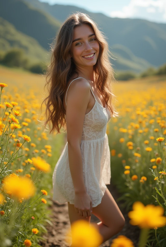 　Nipples　No clothes　　barefoot　whole body　No underwear　Beautiful girl without pubic hair, Brown eyes, Because it&#39;s good, Medium chest,  hair color (light brown), body grab, Skin color (white), 4K, With a delicious face, Image size (completion), In an excited pose, In the valley (With beautiful scenery),With flowers  