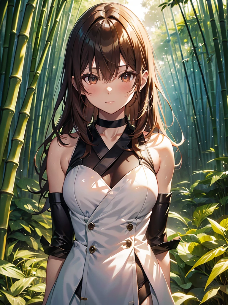 (Bamboo Forest), The background is a bamboo forest, Misaka Mikoto, Fisting, 1girl, black choker, uhd, retina, masterpiece, ccurate, anatomically correct, textured skin, super detail, high details, high quality, best quality, highres, 4K