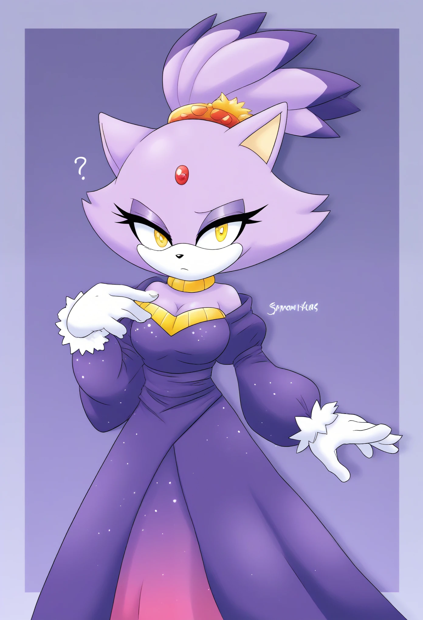 (1girl), (solo), Female cat, light purple fur, Blaze the cat, (hair down), long hair, one large hair bang, yellow eyes, slightly above average sized breasts, long dress, flowing dress, fancy, princess, off shoulder sleeves, long white gloves, makeup, eyelashes, daytime, mobian, mobius city, confused, puzzled expression