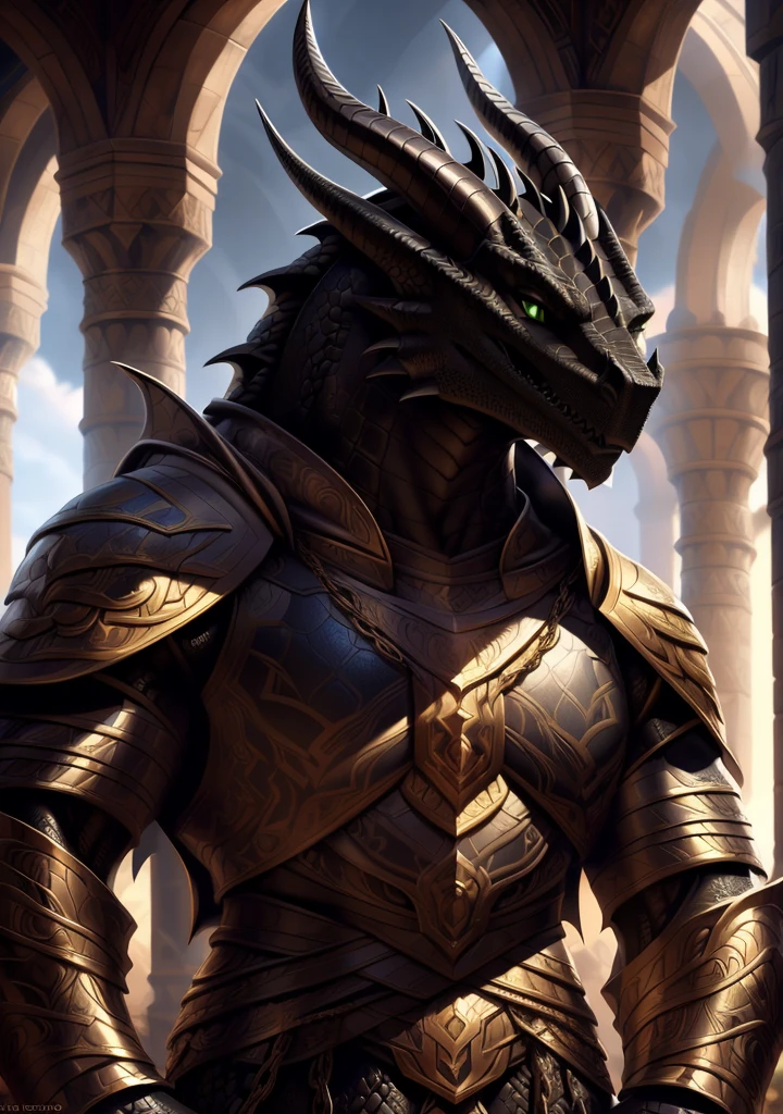 Realistic, detailed, beautiful, masterpiece, HDR, castle interior background, fantasy setting, king, ((gold armor, gold breast plate, chain mail, gold pauldrons, gold greaves, gold leg armor, wearing gold armor, black robes, black cloak, wearing black robes and cloak)) dragon, anthro, male, male body, black skin, (black scales:1.9), (two long thin horns:1.3), green eyes, detailed eyes, perfectly shaped body, confident majestic pose, finger black claws, masculine facial features, seductive gaze, neutral facial expression, black pointed ears, standing tall, out doors, daytime, close-up, portrait, face focus,
(detailed Bonifasko lighting), (detailed scales), (detailed skin), (male dragonborn), BREAK, ((long flowing tail)), ((facing viewer)), (cinematic lighting), ((detailed background)), ((portrait view)), (((close-up))), (good lighting), [backlighting], [crepuscular ray], [detailed ambient light], [gray natural lighting], [ambient light on the belly], (higher wildlife feral detail), [explict content], [sharp focus], (questionable content), (shaded), ((masterpiece)), furry dragonborn, reptilian face, furry Fantasy Art, furry Art, Commission for High Res, anthro Art, POV furry Art,Sakimichan beautiful, masterpiece, best quality, detailed image, bright colors, detailed face, perfect lighting, perfect shadows, perfect eyes, green eyes, flawless face, face focus, (masterpiece:1.21), (best quality:1.2), (illustration:1.2), (cinematic lighting:1.3), detailed scales, balanced coloring, global illumination, ray tracing, good lighting, scales, anthro, well lit 