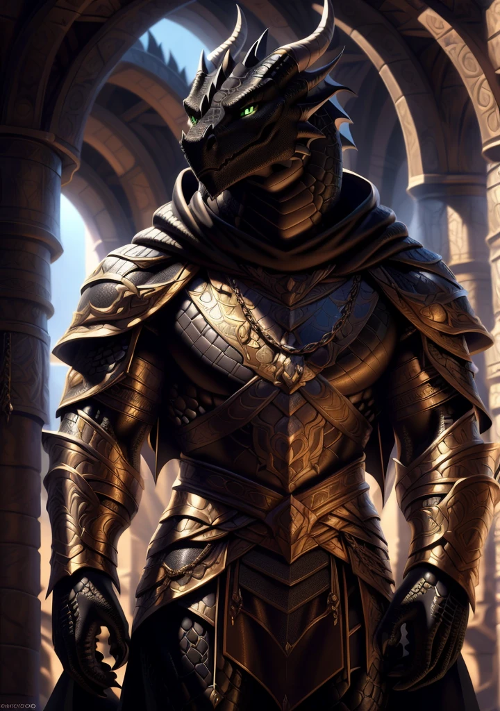 Realistic, detailed, beautiful, masterpiece, HDR, castle interior background, fantasy setting, king, ((gold armor, gold breast plate, chain mail, gold pauldrons, gold greaves, gold leg armor, wearing gold armor, black robes, black cloak, wearing black robes and cloak)) dragon, anthro, male, male body, black skin, (black scales:1.9), (two long thin horns:1.3), green eyes, detailed eyes, perfectly shaped body, confident majestic pose, finger black claws, masculine facial features, seductive gaze, neutral facial expression, black pointed ears, standing tall, out doors, daytime, close-up, portrait, face focus,
(detailed Bonifasko lighting), (detailed scales), (detailed skin), (male dragonborn), BREAK, ((long flowing tail)), ((facing viewer)), (cinematic lighting), ((detailed background)), ((portrait view)), (((close-up))), (good lighting), [backlighting], [crepuscular ray], [detailed ambient light], [gray natural lighting], [ambient light on the belly], (higher wildlife feral detail), [explict content], [sharp focus], (questionable content), (shaded), ((masterpiece)), furry dragonborn, reptilian face, furry Fantasy Art, furry Art, Commission for High Res, anthro Art, POV furry Art,Sakimichan beautiful, masterpiece, best quality, detailed image, bright colors, detailed face, perfect lighting, perfect shadows, perfect eyes, green eyes, flawless face, face focus, (masterpiece:1.21), (best quality:1.2), (illustration:1.2), (cinematic lighting:1.3), detailed scales, balanced coloring, global illumination, ray tracing, good lighting, scales, anthro, well lit 