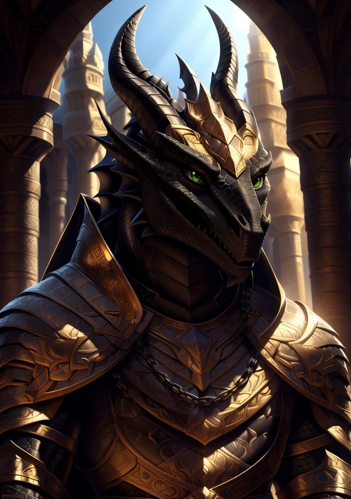 Realistic, detailed, beautiful, masterpiece, HDR, castle interior background, fantasy setting, king, ((gold armor, gold breast plate, chain mail, gold pauldrons, gold greaves, gold leg armor, wearing gold armor, black robes, black cloak, wearing black robes and cloak)) dragon, anthro, male, male body, black skin, (black scales:1.9), (two long thin horns:1.3), green eyes, detailed eyes, perfectly shaped body, confident majestic pose, finger black claws, masculine facial features, seductive gaze, neutral facial expression, black pointed ears, standing tall, out doors, daytime, close-up, portrait, face focus,
(detailed Bonifasko lighting), (detailed scales), (detailed skin), (male dragonborn), BREAK, ((long flowing tail)), ((facing viewer)), (cinematic lighting), ((detailed background)), ((portrait view)), (((close-up))), (good lighting), [backlighting], [crepuscular ray], [detailed ambient light], [gray natural lighting], [ambient light on the belly], (higher wildlife feral detail), [explict content], [sharp focus], (questionable content), (shaded), ((masterpiece)), furry dragonborn, reptilian face, furry Fantasy Art, furry Art, Commission for High Res, anthro Art, POV furry Art,Sakimichan beautiful, masterpiece, best quality, detailed image, bright colors, detailed face, perfect lighting, perfect shadows, perfect eyes, green eyes, flawless face, face focus, (masterpiece:1.21), (best quality:1.2), (illustration:1.2), (cinematic lighting:1.3), detailed scales, balanced coloring, global illumination, ray tracing, good lighting, scales, anthro, well lit 