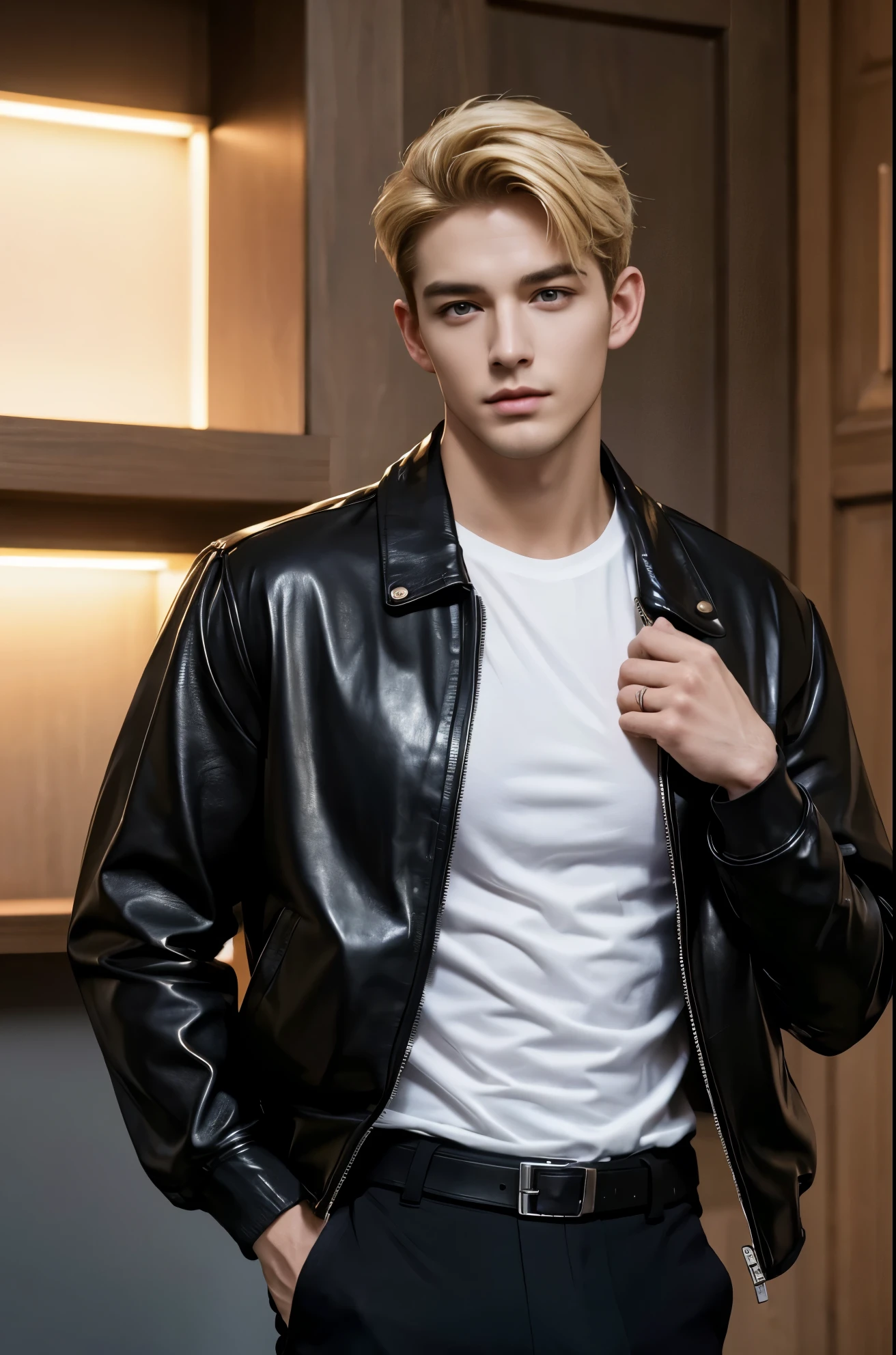 4k, high resolution, best quality, masterpiece, perfect color, perfect shade, perfect lighting, Posted by e621, ((handsome man)), perfect male figure, Short hair details,Detailed face, perfect face, (stood up), Detailed background, ((Bonifasco Lighting)),blonde hair, wearing black leather jacket, black pants, black leather belt, white shirt,