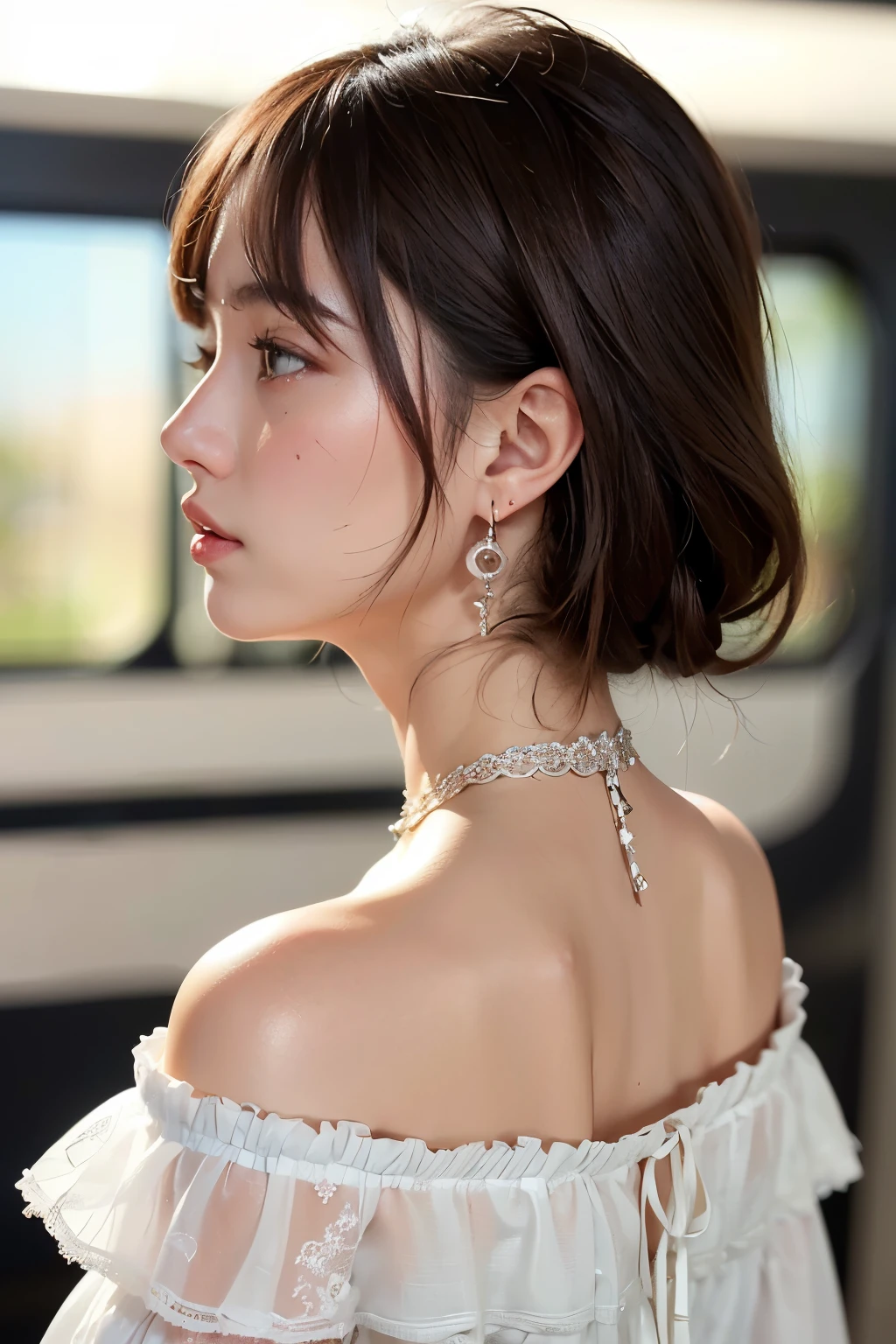 ((Realistic, 8k, Top Quality, Masterpiece: 1.3)), Best Quality, Illustration, Ultra-detailed, finely detail, high resolution, 8K Wallpaper, Perfect dynamic composition, Beautiful detailed eyes, (off-the-shoulder blouse:1.3),((Big breasts)), Natural Color Lip, Random and sexy poses, (in train), 20 years girl, sweaty skin:1.4, (beautiful detailed face and eyes:1.4),beautiful short medium hair, Highly detailed face and skin texture, Highly detailed lip texture, Beautiful detailed eyes, Raw Photo, ((Very Delicate and Cute Japanese Girl:1.4)), (1 girl)), Perfect Style, necklace, earrings, realistic shadows, ((focus on neck:1.8)),(from behind:1.8), (Gazing at Something Off-Frame:1.6),((close up neck:1.4)),(very sexy back and neck:1.4)