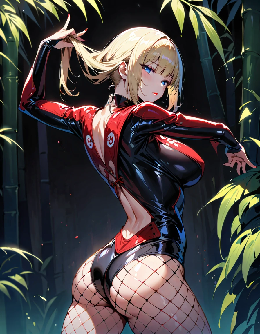 ung beautiful woman,(Highest quality,Extremely detailed depiction,Incredibly absurd high resolution,Anatomically accurate depiction,Curvy Legs),(Shiny skin),(Blonde,Pin one side of your hair back,Side Blade,Large Breasts,Black bodysuit,Ninja costume:1.2,Fishnet tightsの腕,Fishnet tights,Cowboy Shot,Model pose,latex),(Blue Eyes,Detailed pupil,Half-closed eyes:1.3,Shadowed face,Glossy red lipstick,Cool look),eyelash,Standing posture,background:bamboo forest:1.5