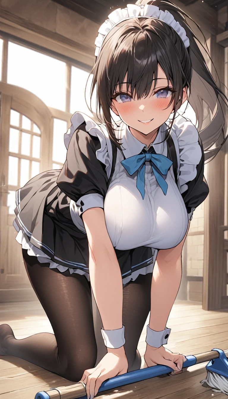 One Woman、beautiful girl、maid、20-year-old、ponytail、Western-style building、maidの、Calm look、Drooping eyes、柔らかなsmile、A motherly expression、Baby Face、頭にmaidカチューシャ、Short skirt、Black Pantyhose、Ultra-high definition image quality、Highest quality, smile,Big Breasts、Very large breasts、Wipe the floor with a rag、Cleaning the floor with a hand-held mop.、Squint your eyes and smile、Bend down to clean the floor、Cleaning the floor on all fours、Turn your butt towards the viewer