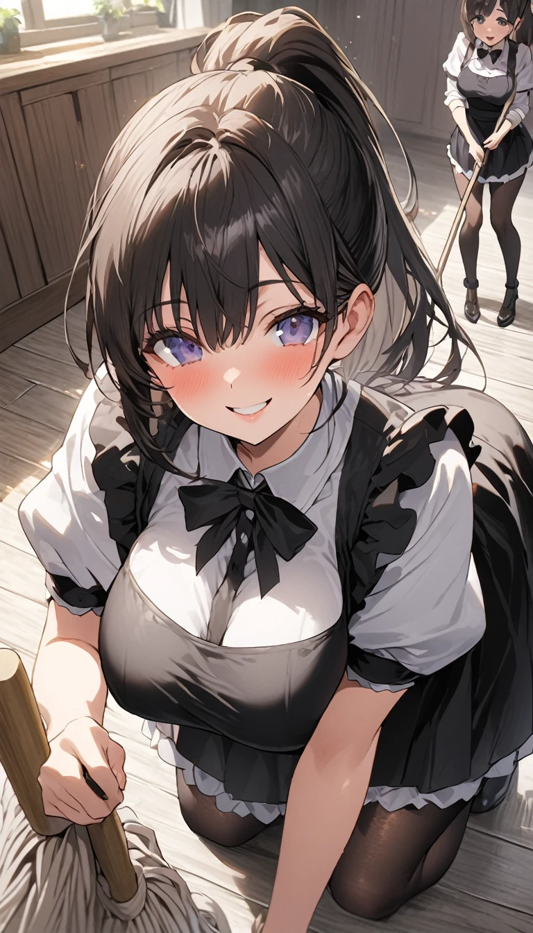 One Woman、beautiful girl、maid、20-year-old、ponytail、Western-style building、maidの、Calm look、Drooping eyes、柔らかなsmile、A motherly expression、Baby Face、頭にmaidカチューシャ、Short skirt、Black Pantyhose、Ultra-high definition image quality、Highest quality, smile,Big Breasts、Very large breasts、Wipe the floor with a rag、Cleaning the floor with a hand-held mop.、Squint your eyes and smile、Bend down to clean the floor、Cleaning the floor on all fours、Turn your butt towards the viewer