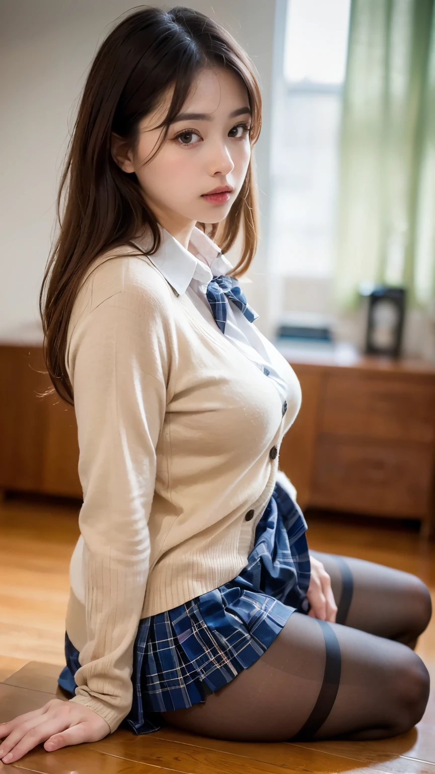 (((8k、High resolution、Highest quality、High resolution))), alone、Natural body shape、White skin、A beautiful girl of astonishing beauty、Natural Makeup、((Black Hair、bangs、Straight Long Hair))、(((Skirt Lift)))、、(:1.4)、(())、(((((Full body photo)))))、(((Shooting from the side)))、(((Wear a uniform on the upper body)))、Bedroom、(((Of high school))) 、((white collared long sleeve blouse))、((Beige cardigan))、((Pleated skirt with dark blue plaid pattern、mini skirt、Ultra-realistic pantyhose))、、turn around、Sulky look、((Bare thighs))