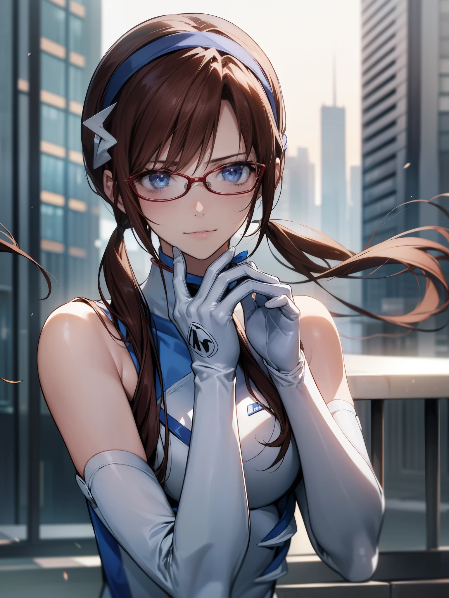 marimakinami, Mari Makinami, blue eyes, Brown Hair, Glasses, head band, Twin tails,
break bodysuit, ピンクのハイレグ競泳水着
break outdoors, city,
break looking at viewer, 
break (masterpiece:1.2), Highest quality, High resolution, unity 8k wallpaper, (shape:0.8), (Beautiful attention to detail:1.6), Highly detailed face, Perfect lighting, Extremely detailed CG, (Perfect hands, Perfect Anatomy),