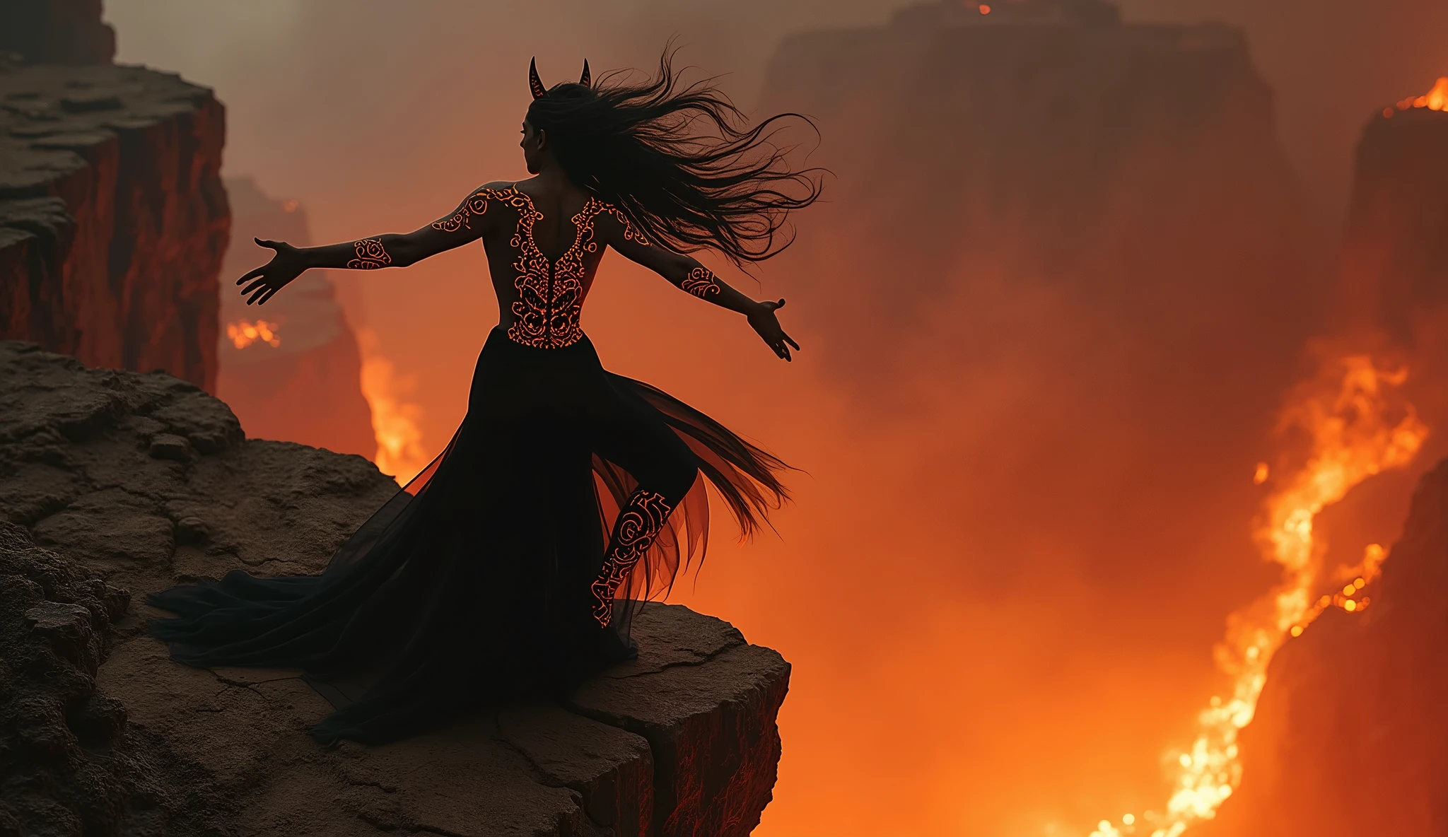 Ritual of the Dark Temptress: A mesmerizing demoness, her body adorned with intricate, glowing tattoos, dances in a forbidden ritual atop a cliff overlooking a burning hellscape. Her long, wild hair flows as she moves, and her claws and fangs gleam in the firelight. She exudes a dangerous allure, beckoning the viewer to join her in the dark dance of the underworld.