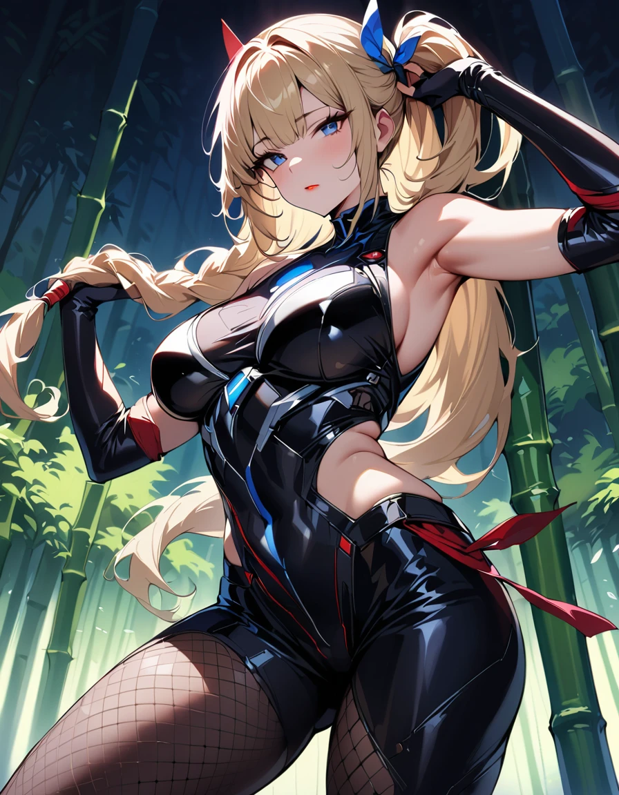 ung beautiful woman,(Highest quality,Extremely detailed depiction,Incredibly absurd high resolution,Anatomically accurate depiction,Curvy Legs),(Shiny skin),(Blonde,Pin one side of your hair back,Side Blade,Large Breasts,Black bodysuit,Ninja costume:1.2,Fishnet tightsの腕,Fishnet tights,Cowboy Shot,Model pose,latex),(Blue Eyes,Detailed pupil,Half-closed eyes:1.3,Shadowed face,Glossy red lipstick,Cool look),eyelash,Standing posture,background:bamboo forest:1.5