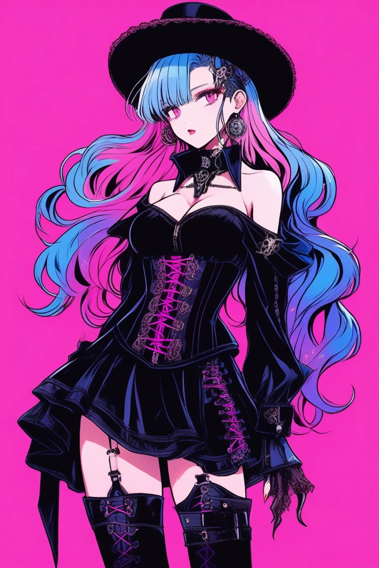 (masterpiece,Highest quality), Illustrator, anime , Realistic ,sketch , 1 person, model, Portrait, lip, wearing gothic Steampunk hat, black corset jumper skirt, bare shoulder, black platform cowboy boots, order, Blue and pink gradient background, Neon colored hair, Big Breasts, (((Upper Body))), (((look back))), Sexy look, Sexy pose, Texture Trim, Russia, (masterpiece,Highest quality)