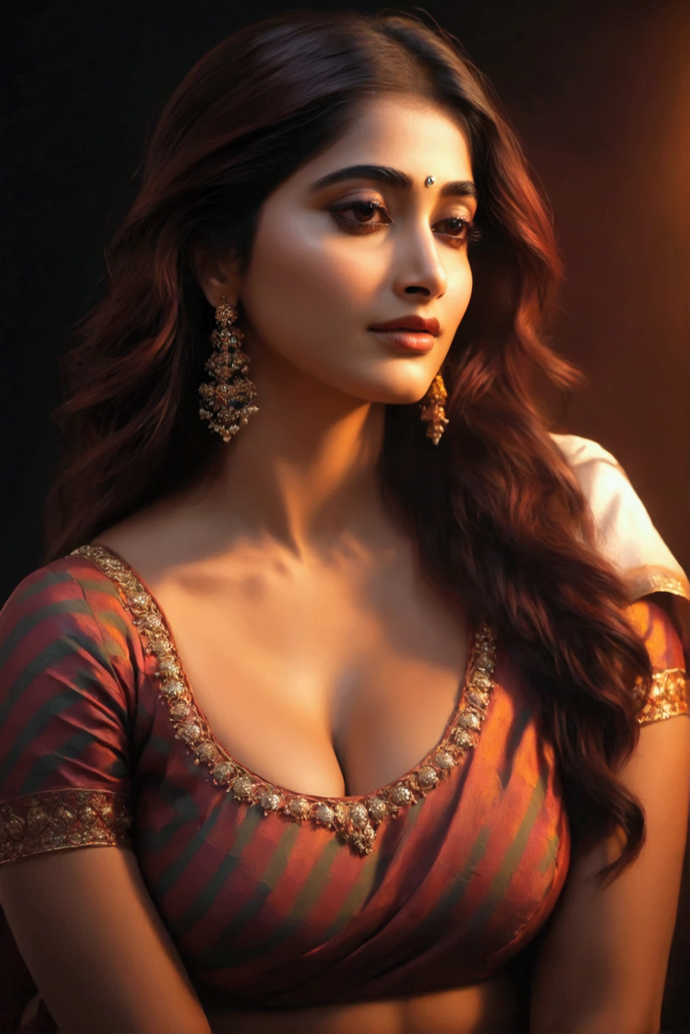 A woman, (( side view, busty)), upper half body turned towards viewer, sensual pose, dramatic lighting, chiaroscuro, cinematic, dark, haunting, dramatic, moody, high contrast, vivid colors, glowing skin, oil painting, digital art, hyper realistic, photorealistic, best quality, 8k, masterpiece, ultra-detailed, aadi, n1p, kavya, polka, pooja,, sareeside