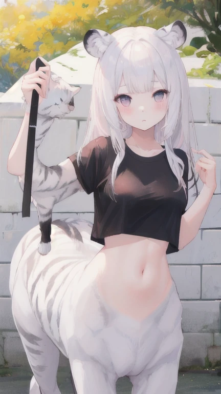 (best quality, masterpiece), 1 girl, centaur, I beg, White skin, Korean schoolgirl,daughter,black pink, exposing the abdomen, belly button t-shirt , beautiful girl perfect, White tiger photo, 완벽한 White tiger photo