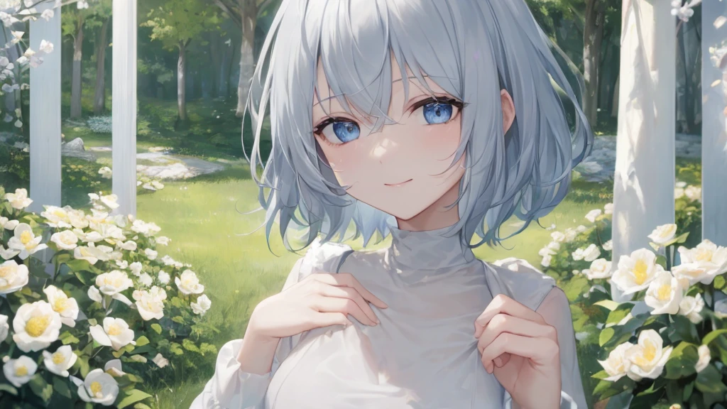 Ultra HD,Look at the viewers, Place your hands behind your back, and, 20-year-old, 非常にshort hair, Long bangs between the eyes, Pale blue eyes, Very detailed,(masterpiece、Highest quality),Gray Hair、Laughter、wonderful, Silver Hair, iris, short hair、 Fluttering Hair、Small face、明るいsmile、(Detailed face) ,Professional Lighting,wonderful風景,blue sky, sunlight,Looking down from above,Portraiture、Open your mouth、Flower Field、Her eyes were shining、Mysterious and enchanting atmosphere。With AI Painting、andてもshort hair, Long bangs between the eyes, Very detailed,(masterpiece、Highest quality)、alone、Gray Hair、Fantasy, Silver Hair, Fantasyな風景、smile、Open your mouth、short hair、short hair、hairpin、black eye、Grey Eyes、Beautiful Eyes、Black Shirt、White hoodie