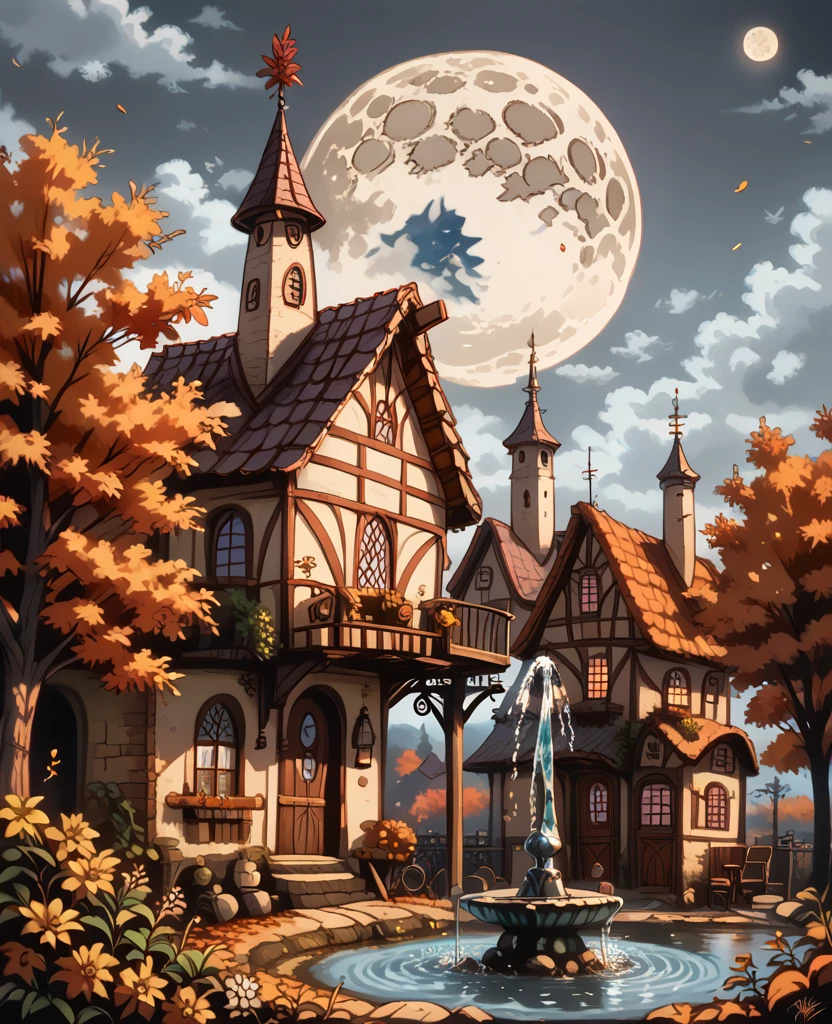 masterpiece, best quality, high quality, extremely detailed CG 8k wallpaper unit, scenery, outdoor, establishment, medieval tavern, autumn sky, autumn dusk, autumn-winter, overcast sky, big moon shining, award-winning photography, Depth of Field, HDR, flowers, water fountain, hydrangea, Photorealistic, extremely detailed, intricate, high detail, dramatic, art in the middle of the journey,  trend in artstation, trend in CGsociety, chromatic aberration.