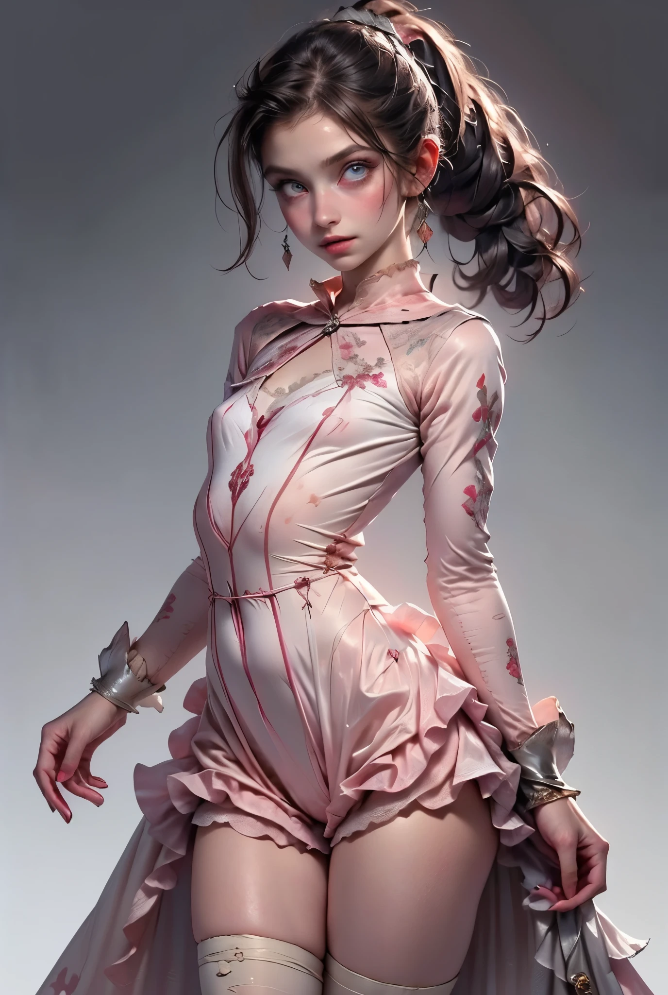 ((best quality)), ((masterpiece)), (detailed), perfect face (((masutepiece, of the highest quality, super detailed))), hand drawn style, hand painted style, watercolour, sketch, a knight, white background, plain background, Bloodborne inspired, tatty Bloodborne attire, occult aesthetic, occult, tatty red and white clothing detailed and intricate steampunk and detailed gothic lolita (with a hood), long coat, Complex laced boots, Fluttering lace flared long knee length dress with frilly petticoats, long dress, knee length dress, pleated petticoats, lolita dress, petticoats gothic lolita aesthetic, beautiful small breasts, (((flat chest:1.1))), (((( Highly detailed face))), small thin nose, Small thin lips mouth, (((Very sharp focused eyes))), Very large slit precision pale grey eyes that shine like jewels. (looking here), (resolved expression), (resolute expression), ((dark hair)), ((long ponytail, thick ponytail, heavy ponytail)), very long eyelashes, white background, Very dramatic and cinematic lighting, tatty damaged old red and white clothing, full body, whole body, body, ((NSFW))