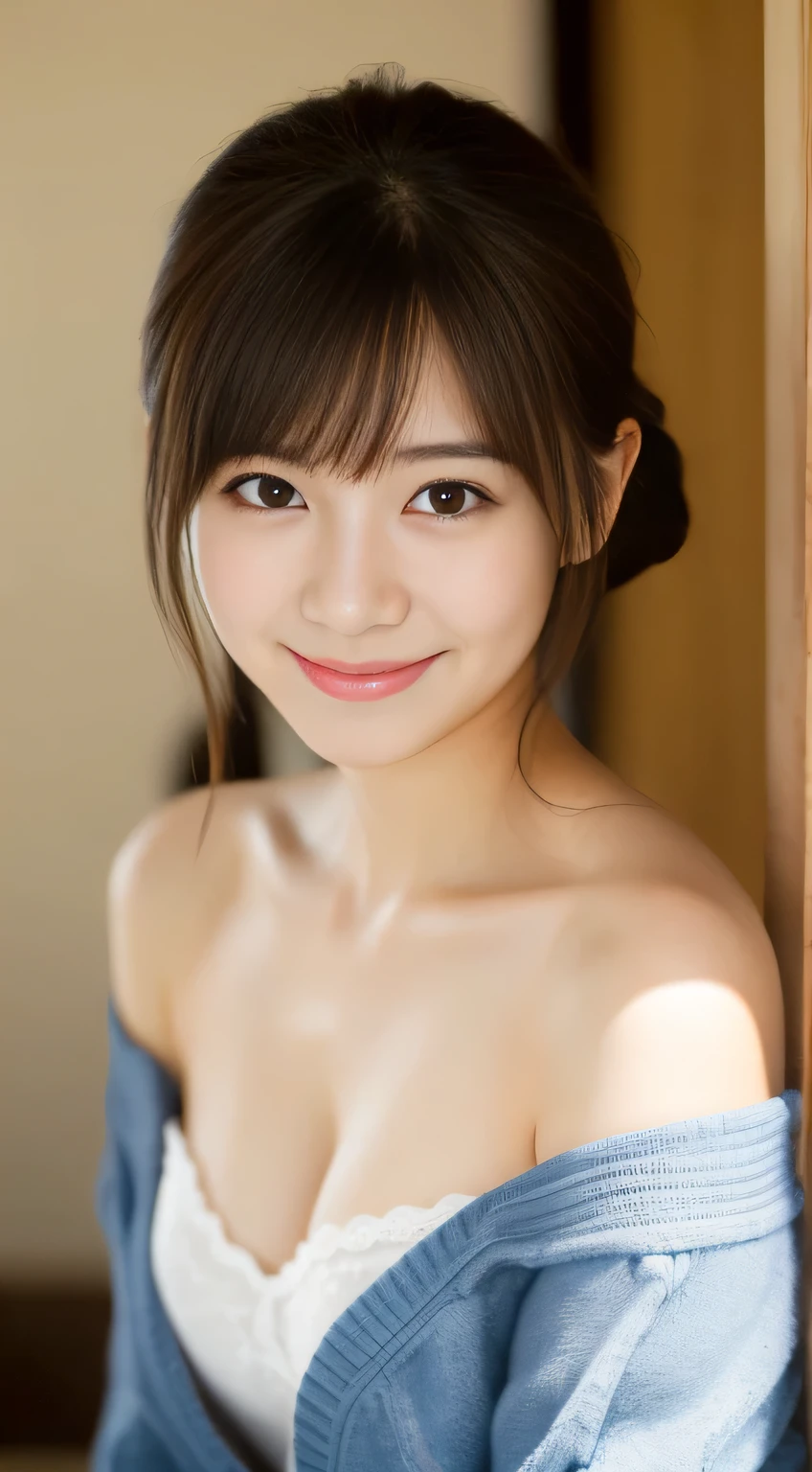 masterpiece,best quality,(Japanese girl),((Beautiful girl)),cleavage,(off shoulder:1.2),(perfect body beauty:1.2),(shy smile),From slightly above