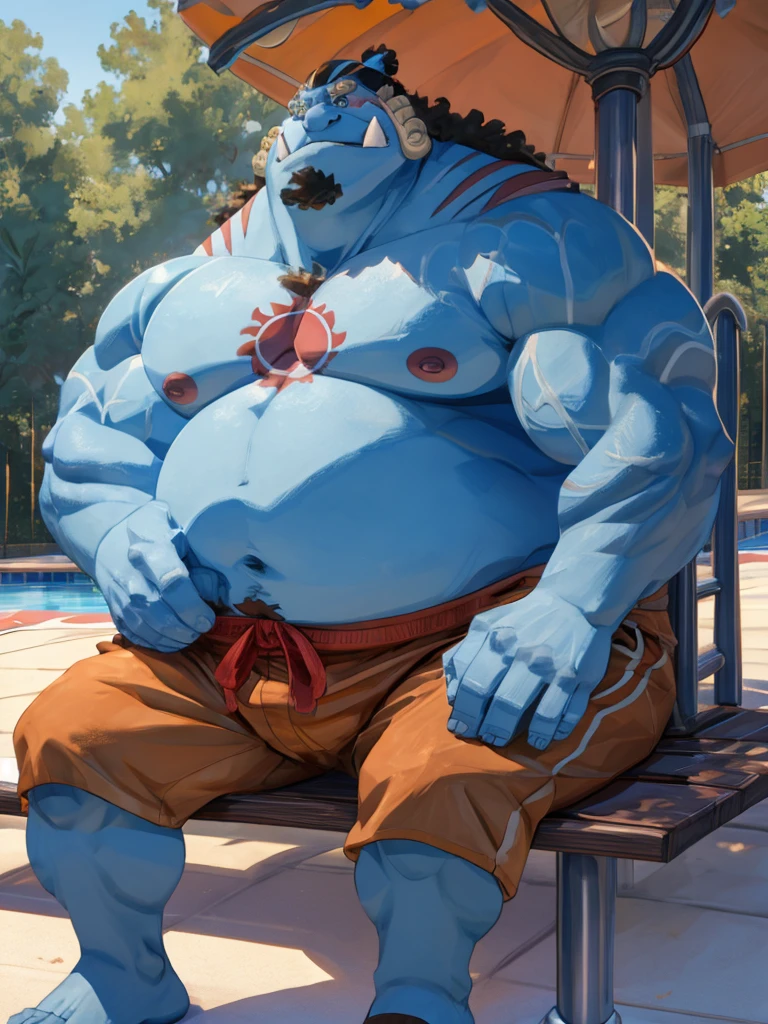 solo, 1boy, (Huge jinbei sitting in bench, park, blue skin, shorts, smile) (muscular, pectoral, chubby) (topless, shirtless), pool background, masterpiece, high detailed, 8k, high resolution