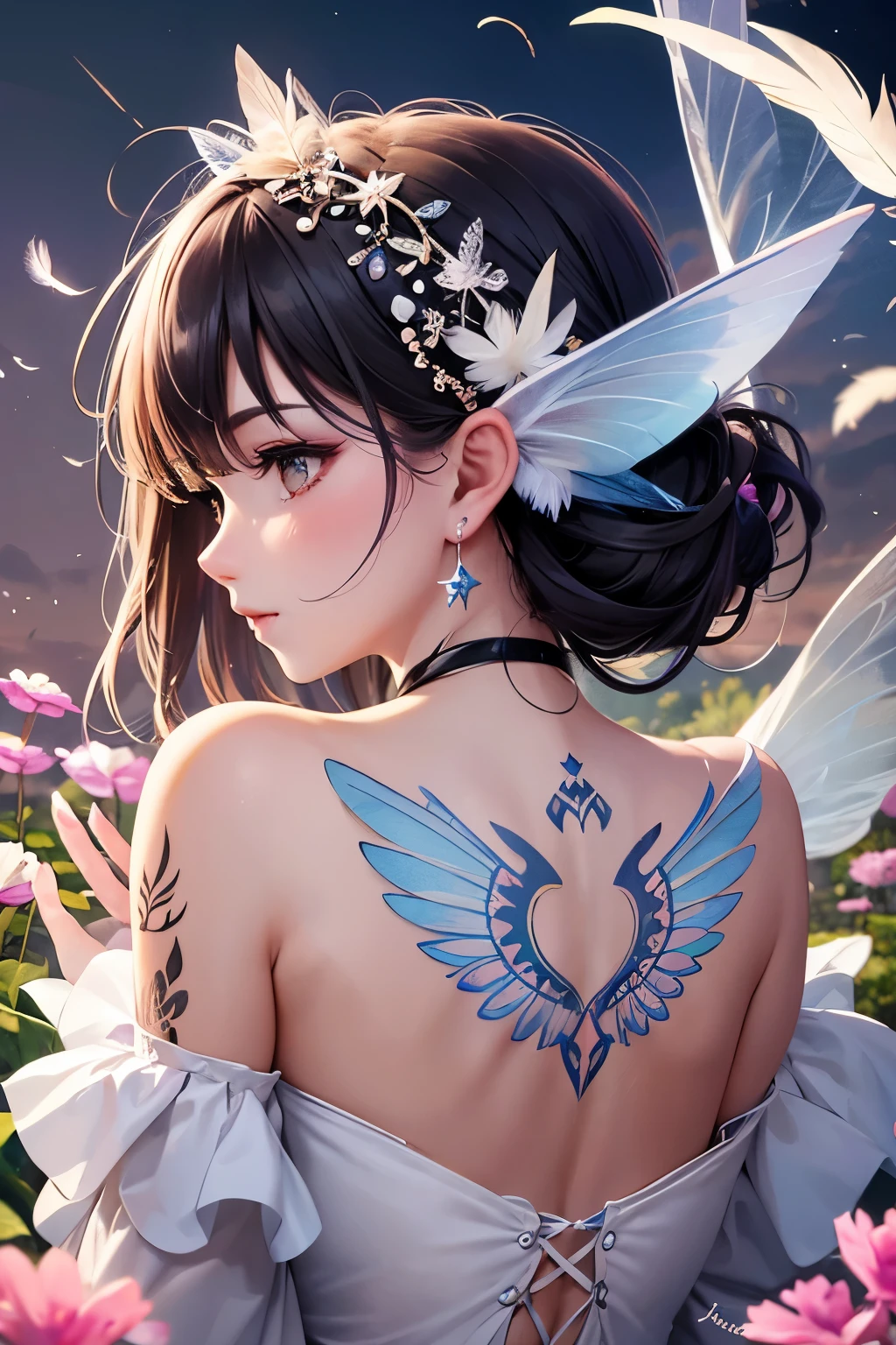 Feather Plumage on the back, drop-shaped tattoo on the cheek, a cute fairy in a beautiful flower field