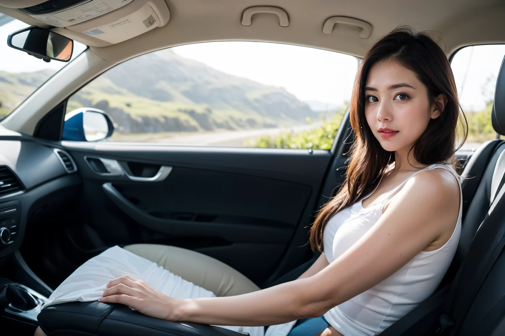 Phenomenal beautiful girl, She had him in the passenger seat of her open car, She was driving fast down the beautiful coastal road, Her hair was whipping wildly in the strong wind!