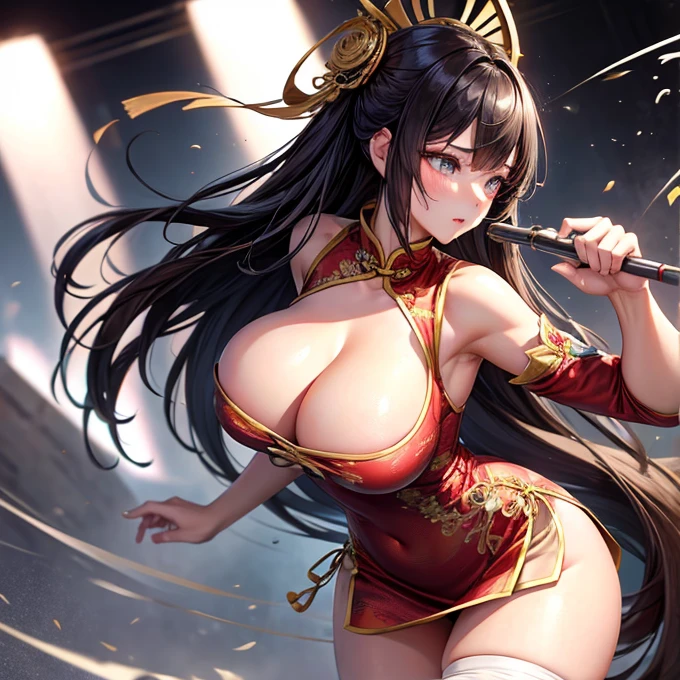 Attractive thighs　A woman wearing a Chinese dress　Large Breasts　Breasts visible from the side　Fighting in the ring　A large amount of squirting is blowing