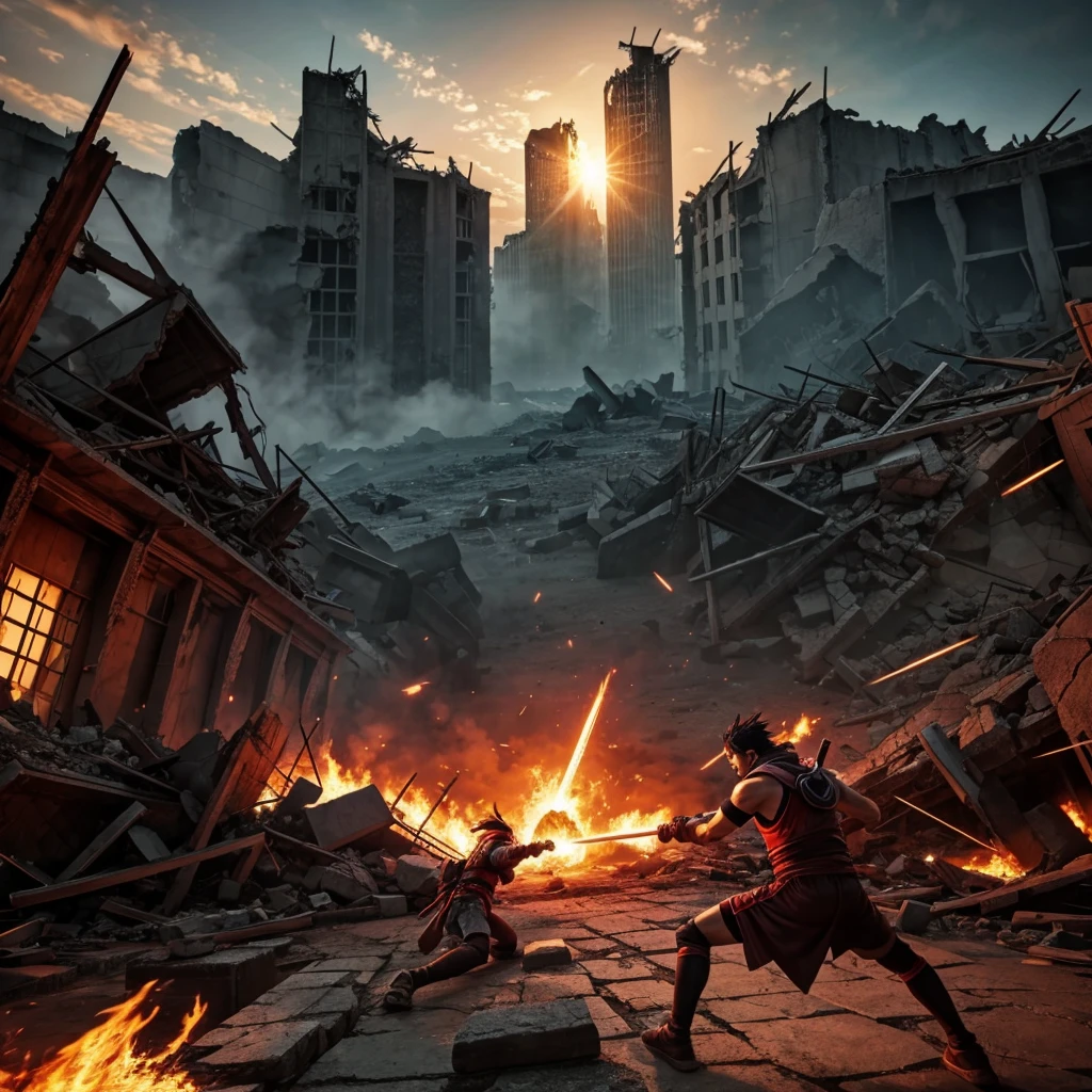 Gojo vs Madara, Deathmatch, Amazing effect, Background of the ruined city