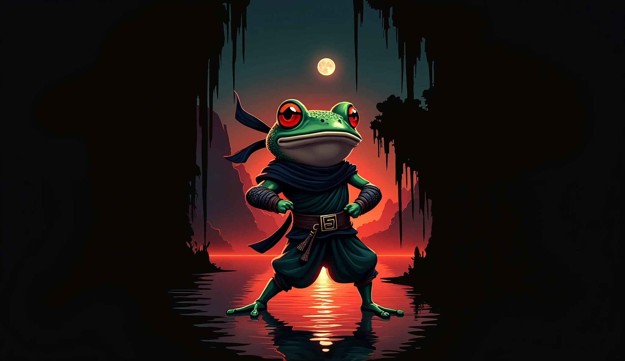 full body image, (ultra detailed, ultra high resolution, detailed background),((2d)),((flat color)),((dull color)), a ninja frog), ((a background lake a moon )), full body framed