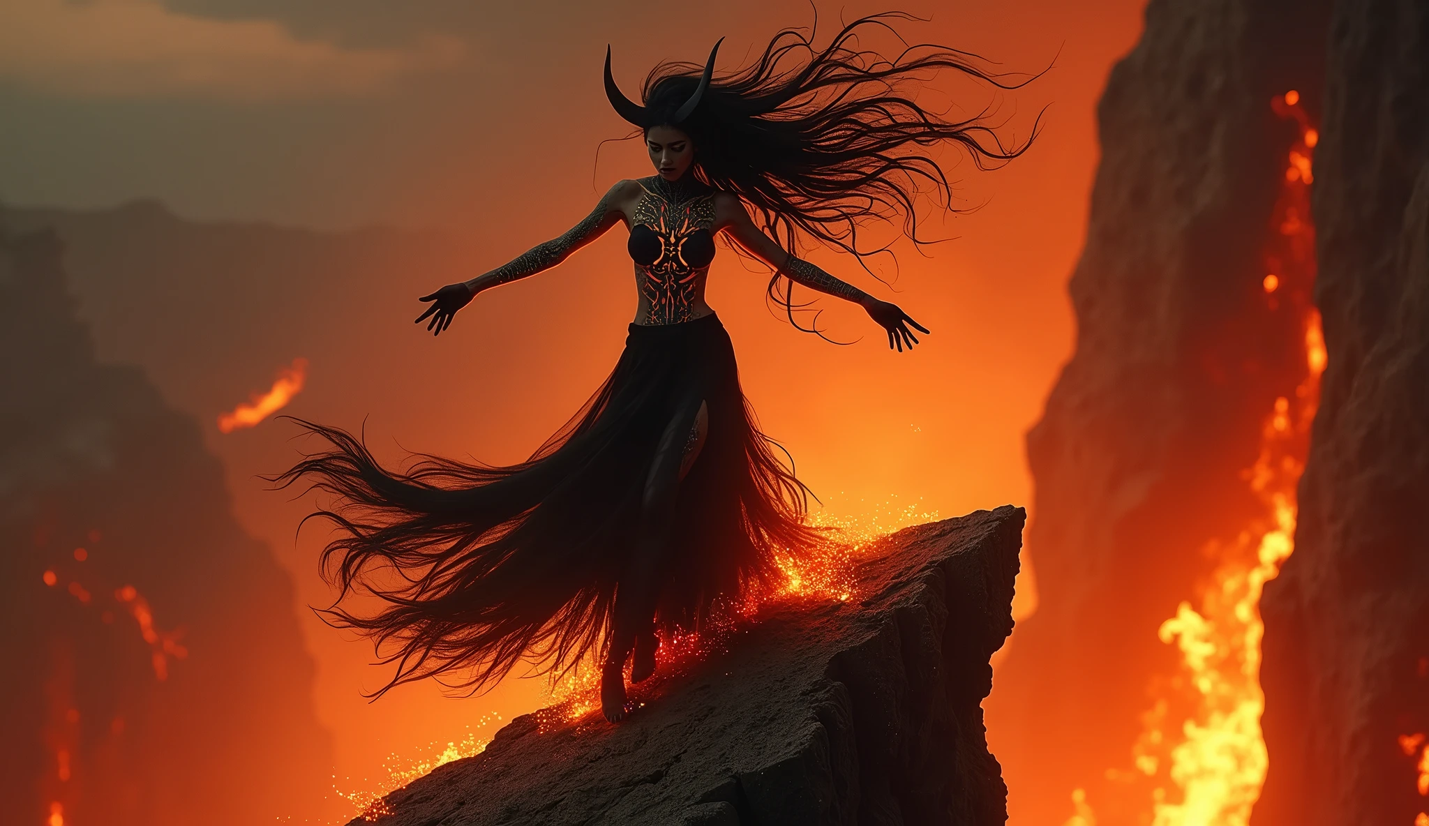 Ritual of the Dark Temptress: A mesmerizing demoness, her body adorned with intricate, glowing tattoos, dances in a forbidden ritual atop a cliff overlooking a burning hellscape. Her long, wild hair flows as she moves, and her claws and fangs gleam in the firelight. She exudes a dangerous allure, beckoning the viewer to join her in the dark dance of the underworld.