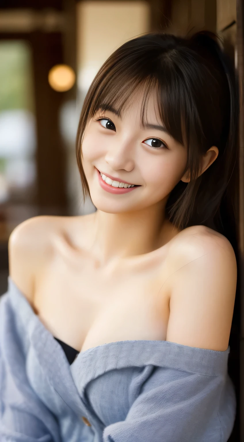 masterpiece,best quality,(Japanese girl),((Beautiful girl)),cleavage,(off shoulder:1.2),(perfect body beauty:1.2),(shy smile),From slightly above