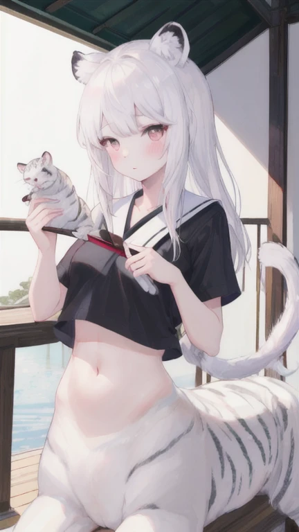(best quality, masterpiece), 1 girl, centaur, I beg, White skin, Japanese schoolgirl, , black pink, exposing the abdomen, belly button t-shirt , beautiful girl perfect, White tiger photo, 완벽한 White tiger photo