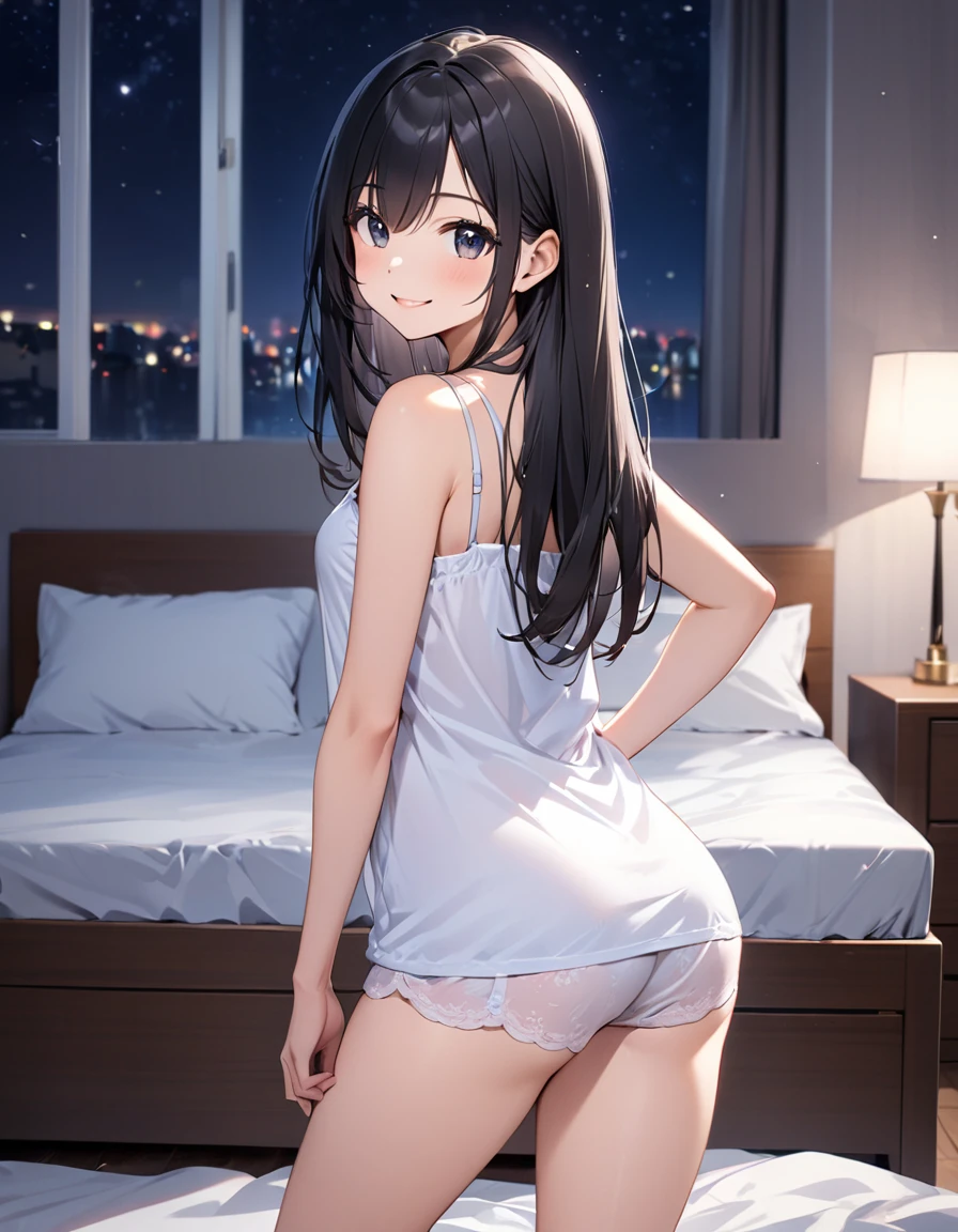 Woman, cute, adorable, smiling, straight hair, long hair, black hair, standing, looking at the camera, from thighs to head, bedroom, night, camisole, stretch legs, from behind