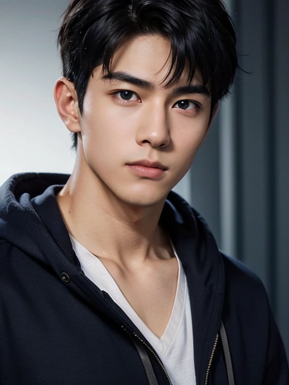 (Realistic, masterpiece, 8k hd, good quality of lighting, Portraiture, Face close-up, Intricate details, Dim lighting), handsome young japanese man, Age 25, Sharp Eyes, have confidence, A soft smile, Detailed face, Detailed eyes, Gazing at the sky, Wearing a navy blue hoodie over a white shirt, Casual wear, Deep blue eyes, Lean physics, Black Hair, Smooth Hair, bangs, short hair, Straight hair, top of the hill, dawn, Navy blue sports car in the background（GR86）, Surrealism, Clean-shaven face