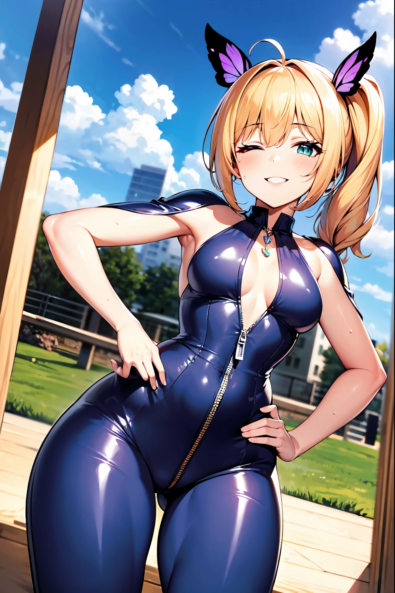 ((super high quality,Ultra-high resolution,16K,super masterpiece,Ultra HD,Ultra high definition:1.3,))One Girl,Short wavy blonde hair,Short Side Ponytail,(A black-purple butterfly-shaped hair tie:1.4,)Emerald eyes,West 83cm,Height: 155cm,Slender body,sexy,((Pink glossy jumpsuit:1.5,))(Tight collar,Boldly open zipper:1.2,)(light blue butterfly necklace,)Close one eye:1.2,smiling and making a V sign towards the camera,Place one hand on hip,leaning forward with her body angled forward,sweating all over,Angle looking up from below,a blue sky with clouds and sun,