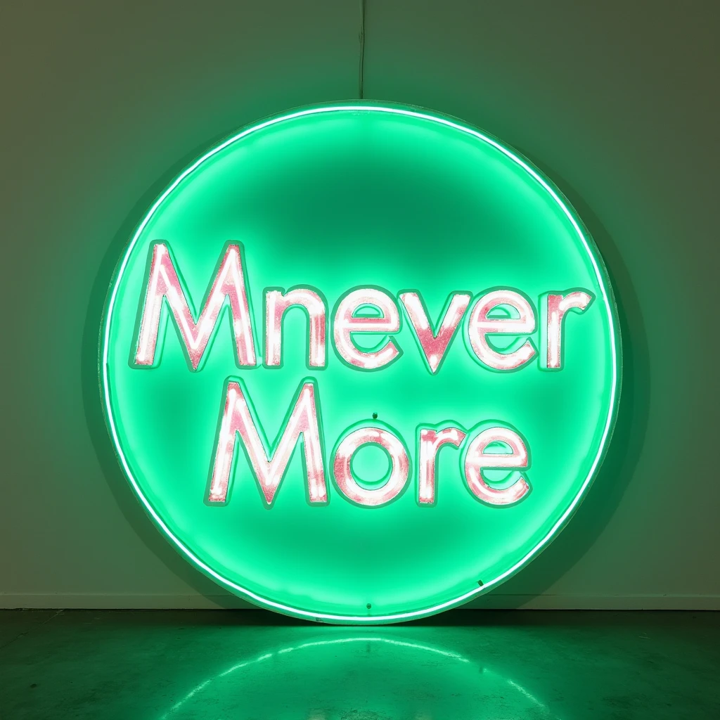 circular logo “Mnever More" made of colored letters in green neon luminiscent transparent glass texture, white wall background